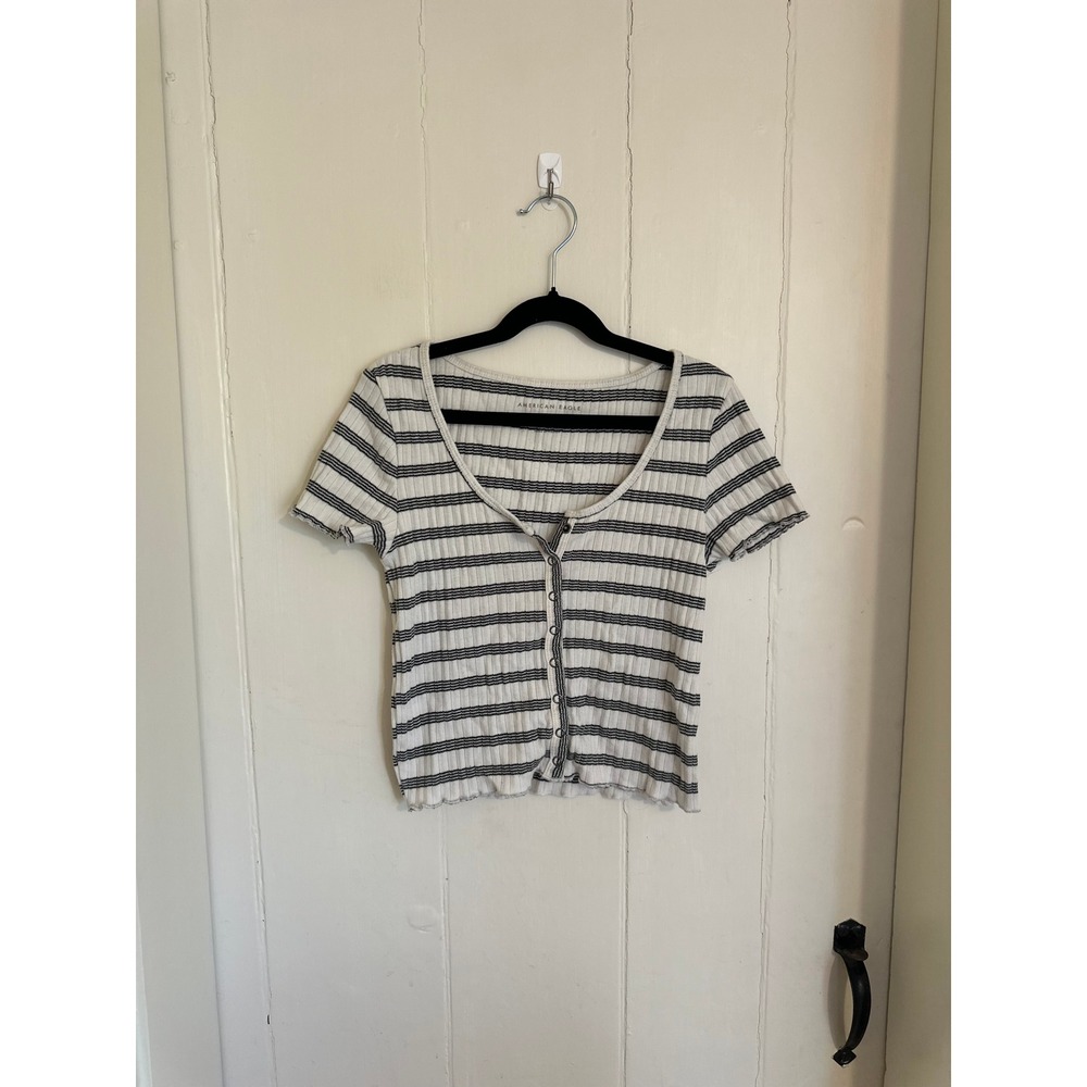 American Eagle‎ Striped Ribbed Snap Front Crop Top White Black Womens Medium